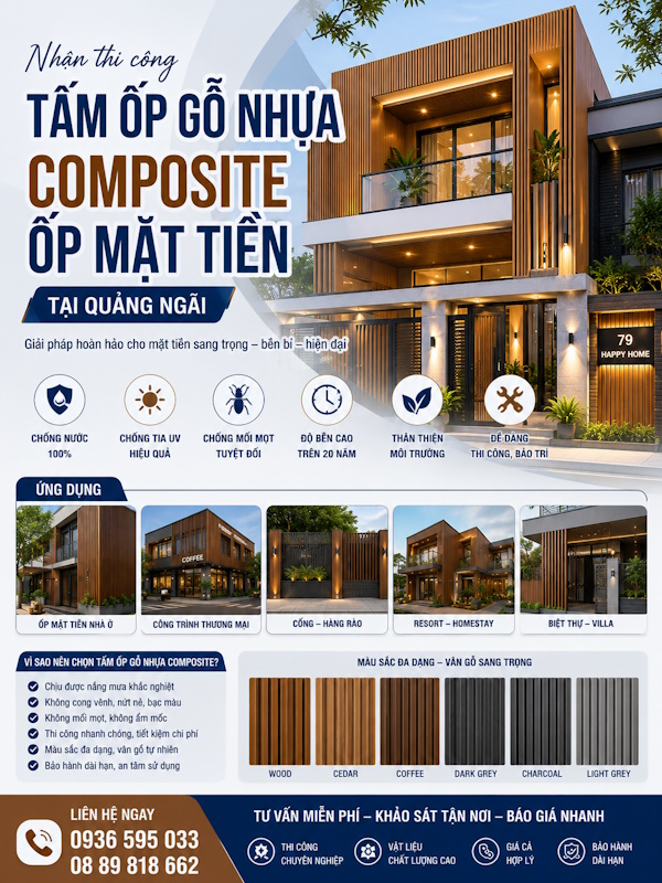 Chuyên thi công tấm ốp gỗ nhựa composite ốp mặt tiền tại Quảng Ngãi