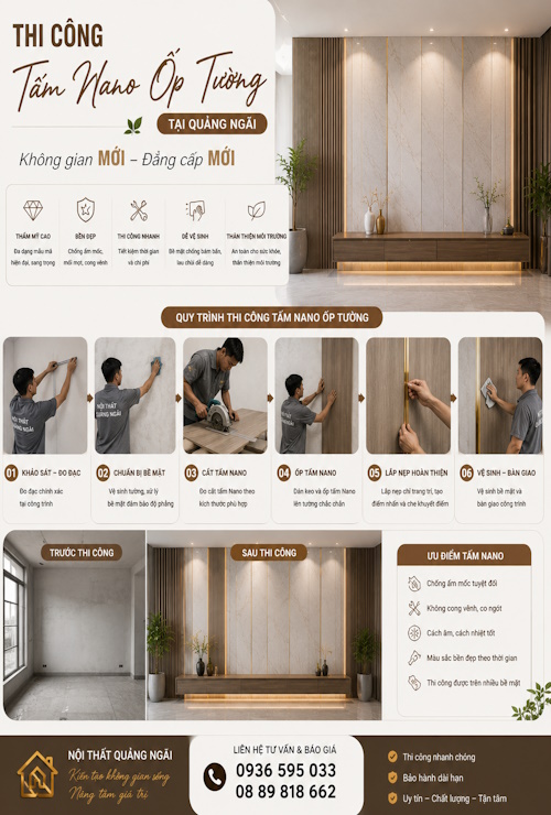 Thi công tấm Nano ốp tường trang trí tại Quảng Ngãi