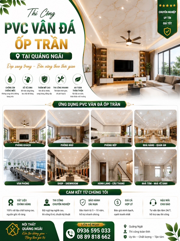 Thi công tấm PVC ốp trần trang trí tại Quảng Ngãi