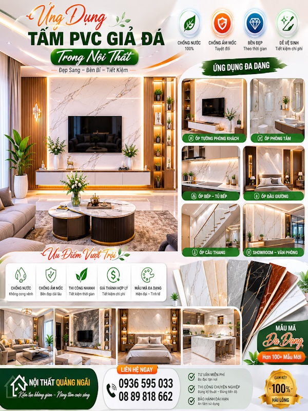 Chuyên thi công tấm PVC vân đá trang trí nội thất tại Quảng Ngãi