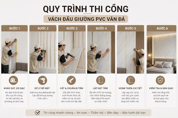 Quy trình thi công tấm PVC vân đá cho vách đầu giường