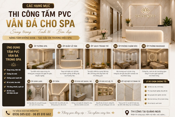 Thi công tấm PVC vân đá trang trí tiệm spa tại quảng ngãi