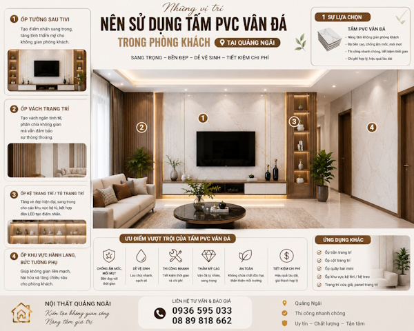Thi công trang trí phòng khách với tấm PVC vân đá