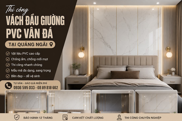 Thi công vách giường ngủ bằng tấm PVC vân đá