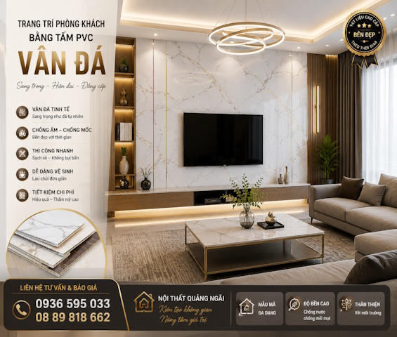 Trang trí phòng khách bằng tấm PVC vân đá tại quảng ngãi