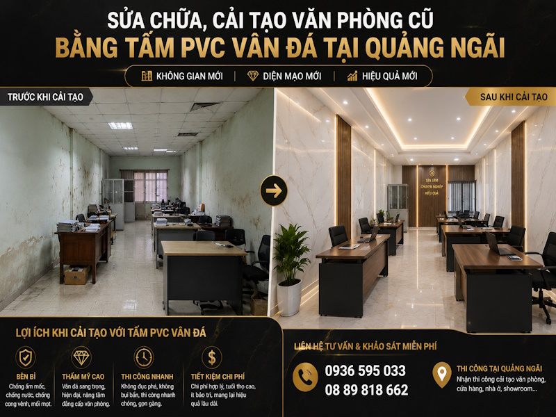 Sửa chữa cải tạo văn phòng bằng tấm PVC vân đá tại quảng ngãi